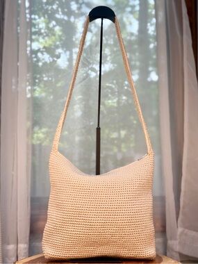 The Sak Crochet Knit Hobo Shoulder Bag - Cream Woven with Front Zip Pocket EUC